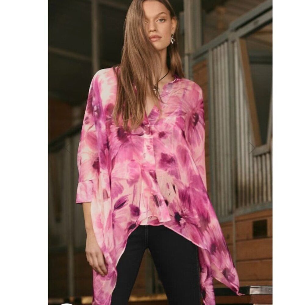 Johnny Was Katia Silk Blouse Floral Print Button Up Pink Camisole Underlay Sz 1X